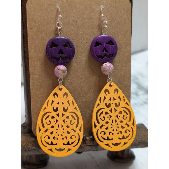 Purple Jack-O'-Lantern and Yellow Wood Filigree Earrings: - Picture 4 of 5